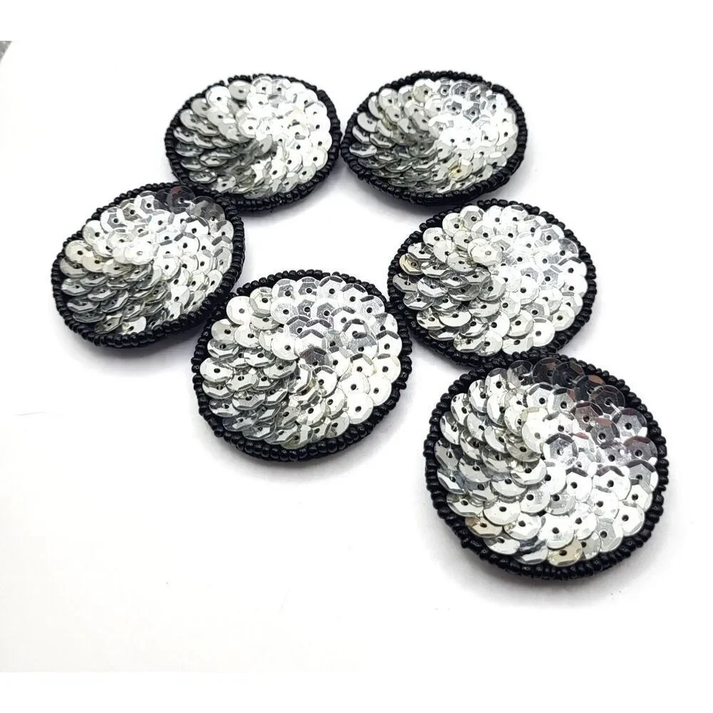 Set of 6 Silver Appliques Leather Backing Beaded Applique velcroo  1.5in